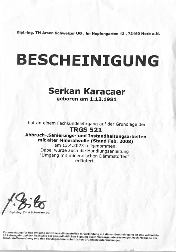 Fachkunde nach TRGS 521 – Serkan Karacaer