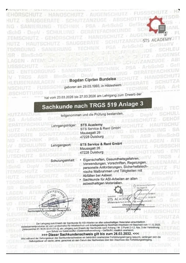 Sachkunde nach TRGS 519 Anlage 3 – Bogdan Ciprian Burdelea