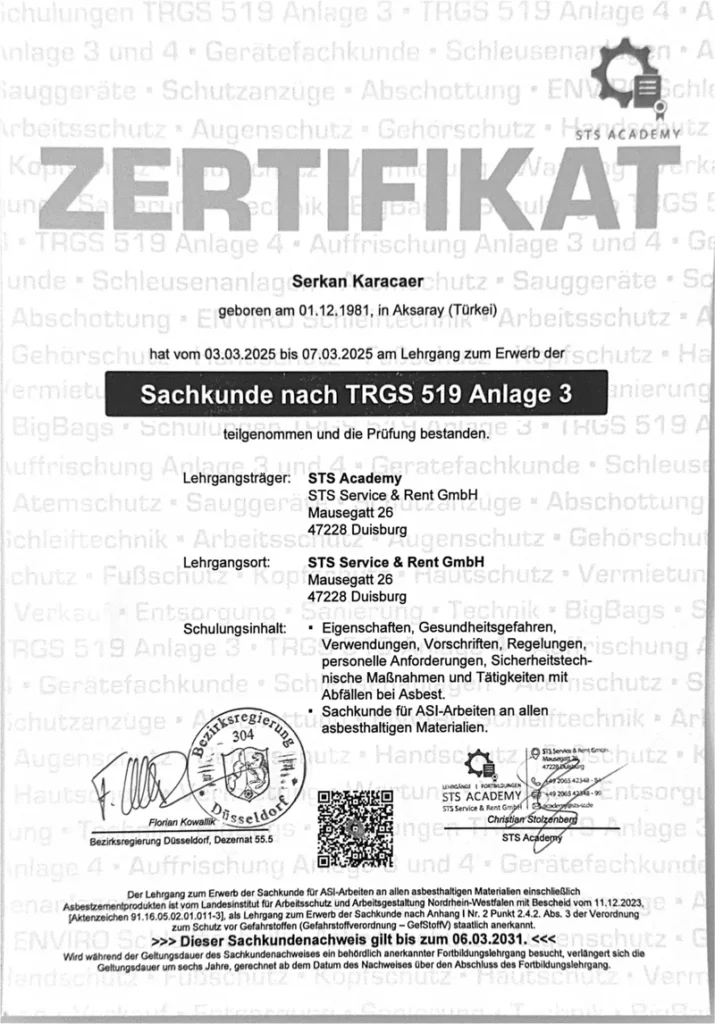 Sachkunde nach TRGS 519 Anlage 3 – Serkan Karacaer