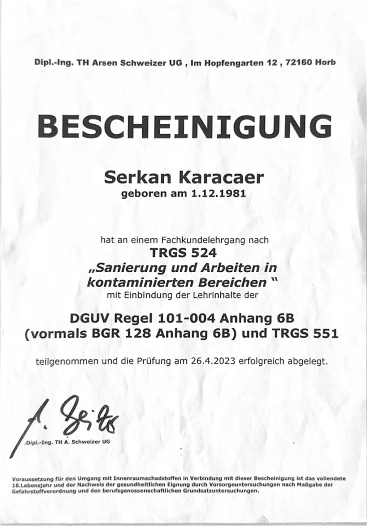 Fachkunde nach TRGS 524 – Serkan Karacaer