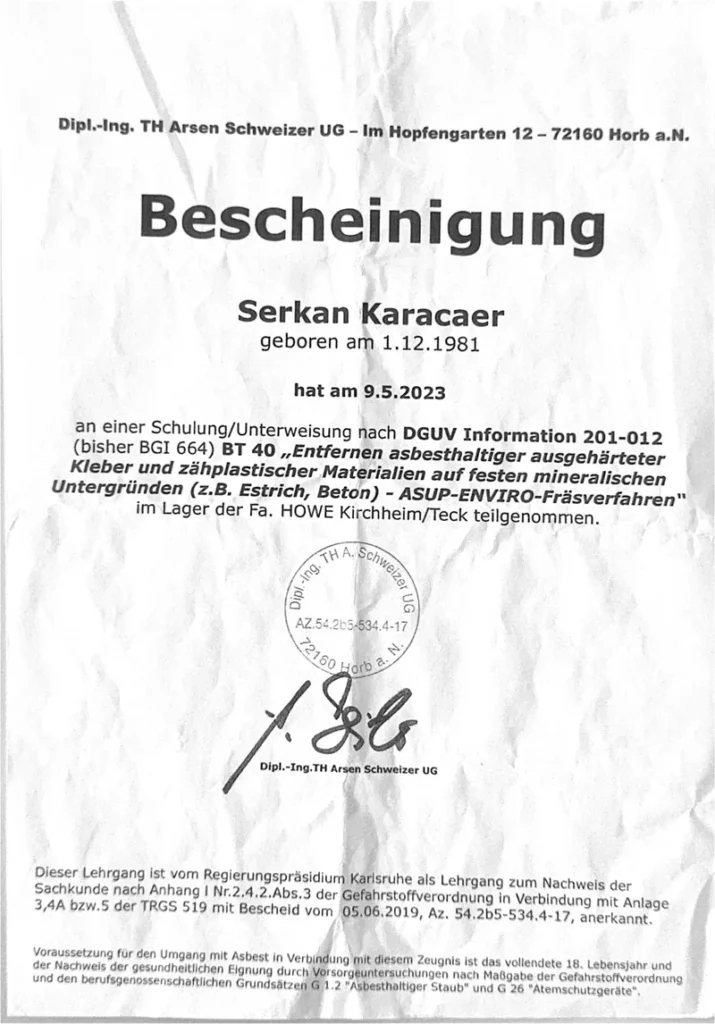 Asbesthaltige Kleber und Spachtel – Serkan Karacaer