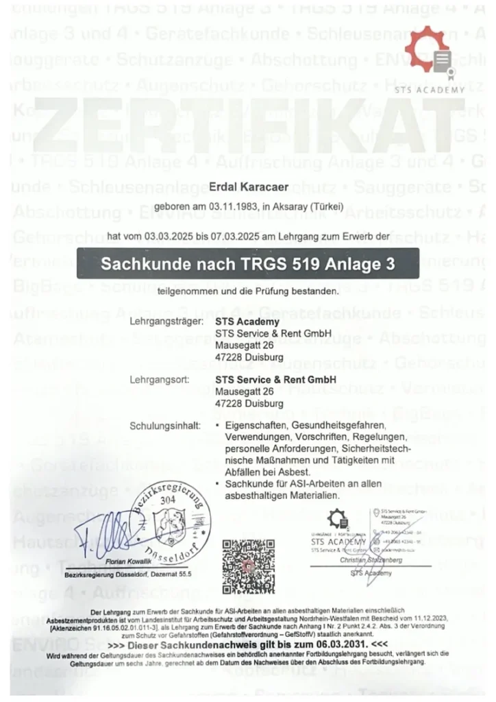 Sachkunde nach TRGS 519 Anlage 3 – Erdal Karacaer